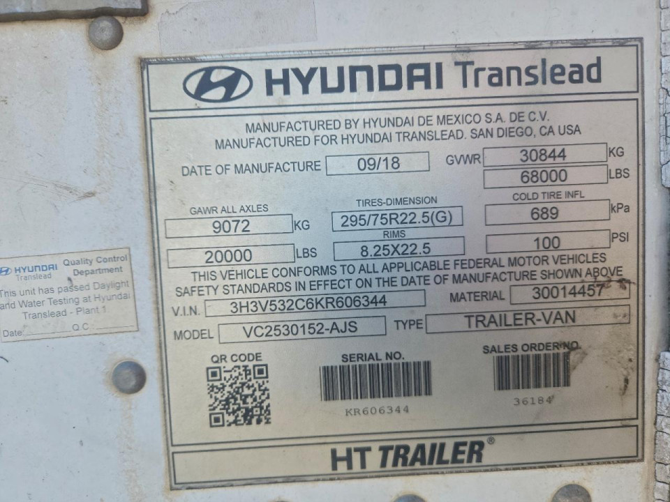 Hyundai TRANSLEAD VC2530152-AJS DRY VAN TRAILER 2019 — Copart