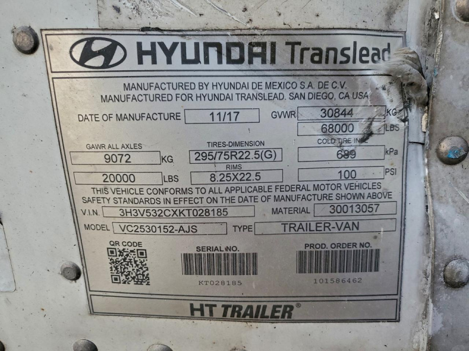 Hyundai TRANSLEAD VC2530152-AJS DRY VAN TRAILER 2019 — Copart