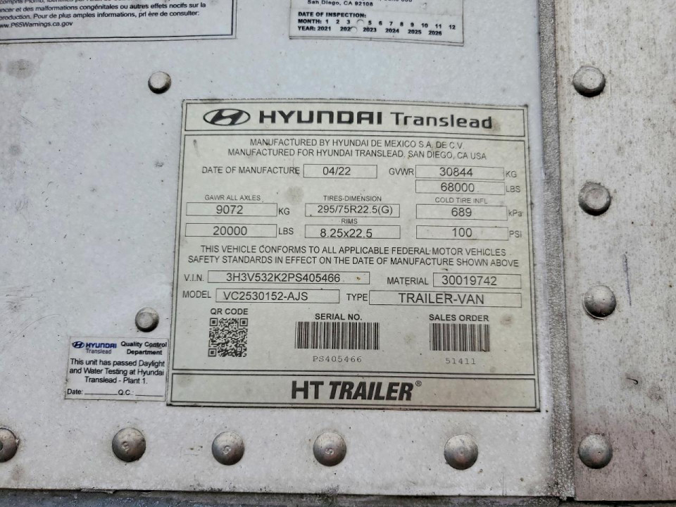 Hyundai TRANSLEAD VC2530152-AJS DRY VAN TRAILER 2023 — Copart