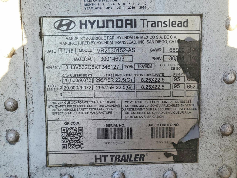 Hyundai TRANSLEAD VR2530152-AS REFRIGERATED VAN TRAILER 2019 — Copart